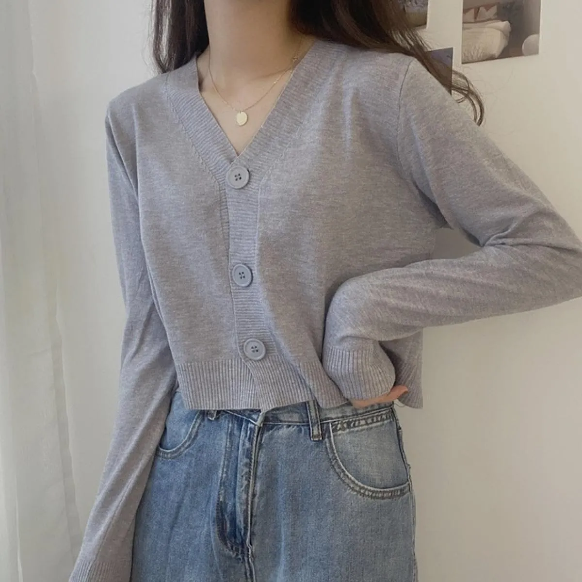 2023 autunno bottone scollo a V crop cardigan maglione donna inverno solido maniche lunghe maglia corta top bianco nero verde Bl