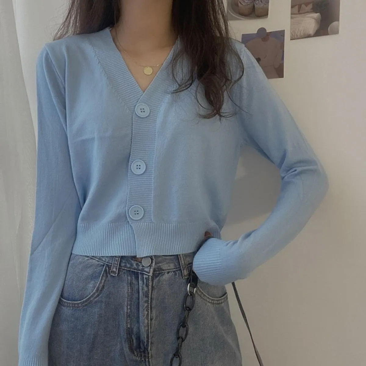 2023 autunno bottone scollo a V crop cardigan maglione donna inverno solido maniche lunghe maglia corta top bianco nero verde Bl