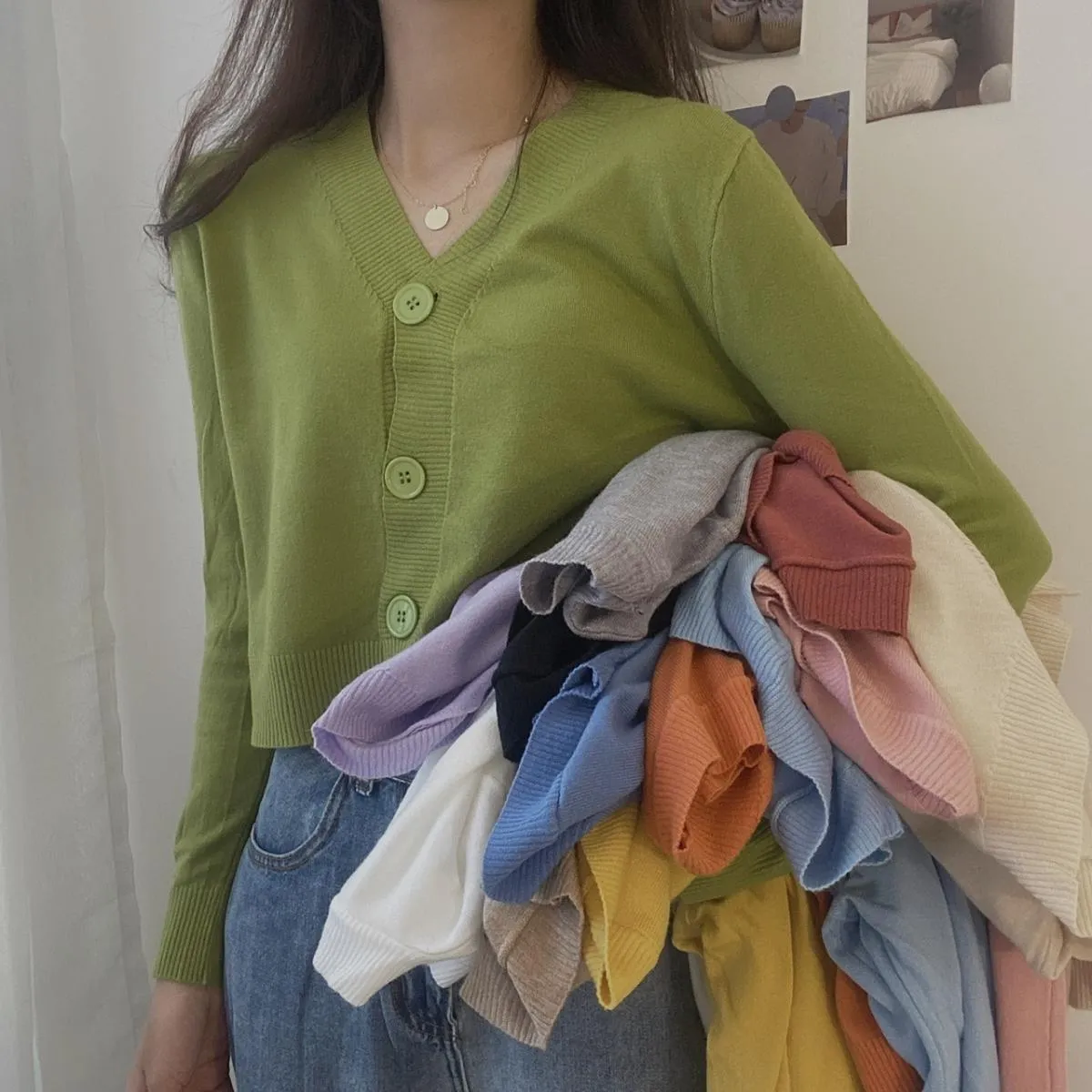 2023 autunno bottone scollo a V crop cardigan maglione donna inverno solido maniche lunghe maglia corta top bianco nero verde Bl