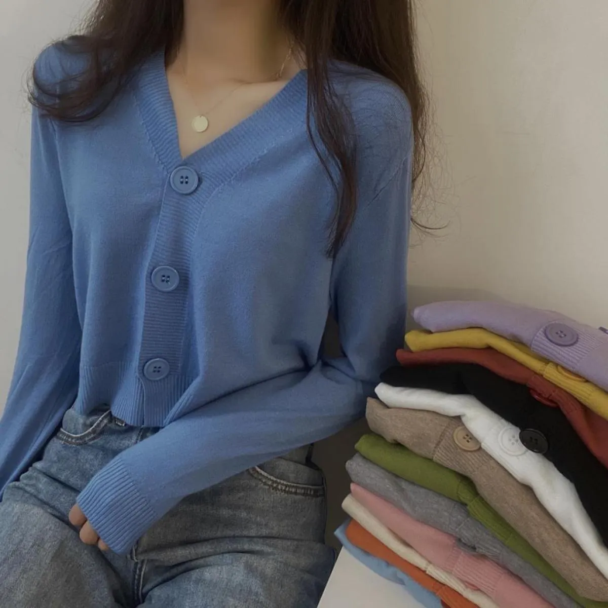 2023 autunno bottone scollo a V crop cardigan maglione donna inverno solido maniche lunghe maglia corta top bianco nero verde Bl