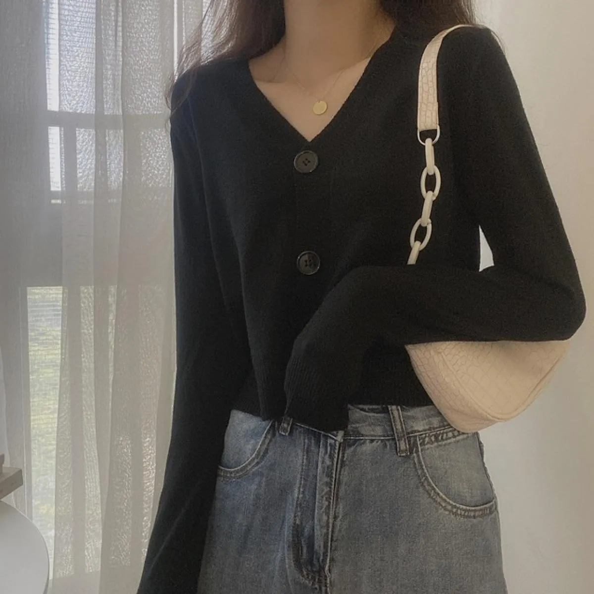 2023 autunno bottone scollo a V crop cardigan maglione donna inverno solido maniche lunghe maglia corta top bianco nero verde Bl