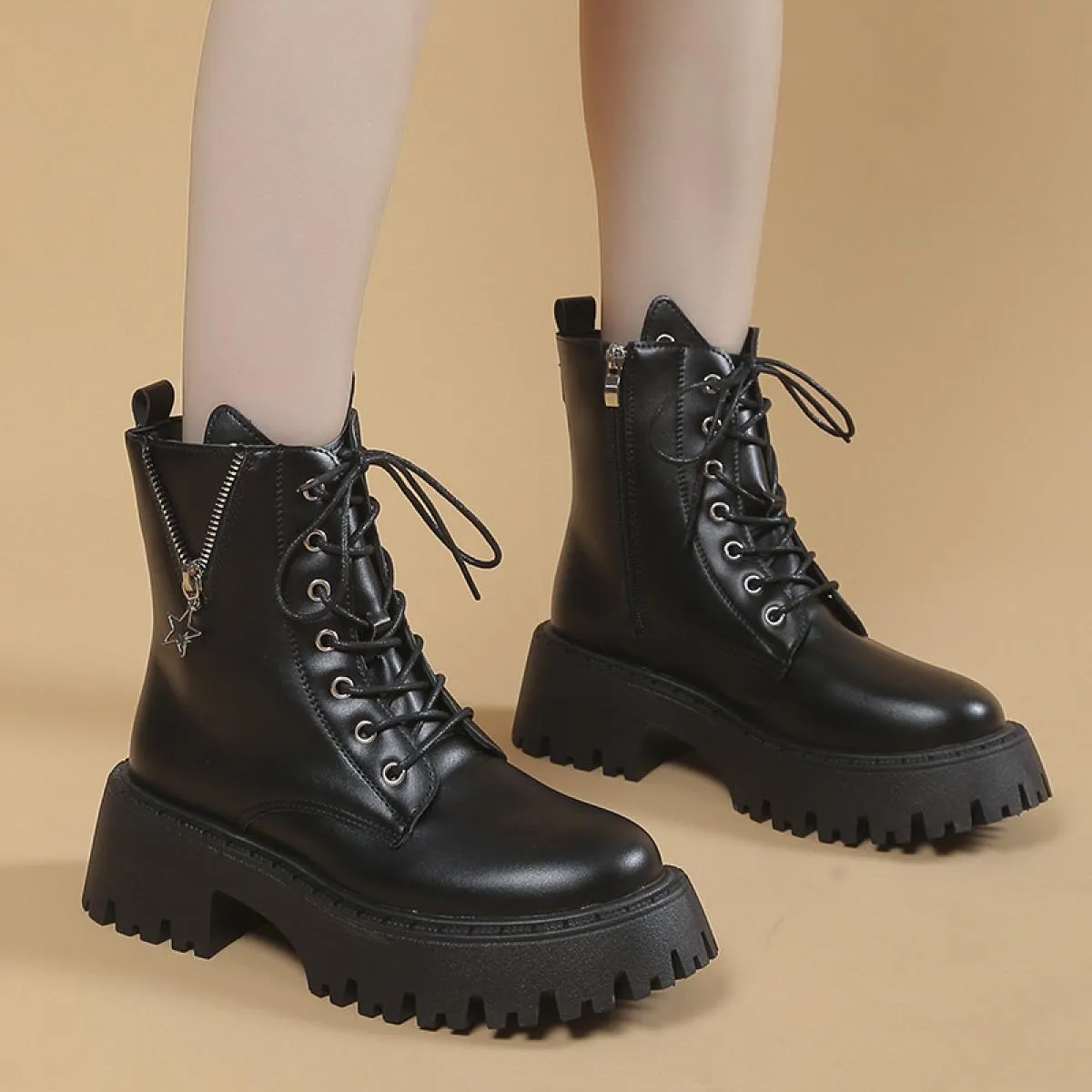 2023 nuovi stivaletti in pelle Pu da donna donna autunno inverno punta tonda scarpe stringate moda donna piattaforma moto Bo