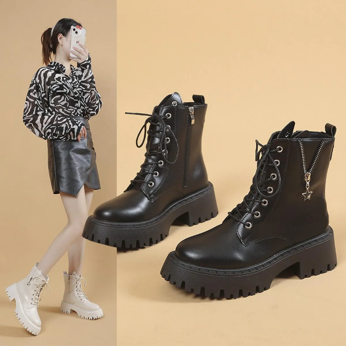 2023 nuovi stivaletti in pelle Pu da donna donna autunno inverno punta tonda scarpe stringate moda donna piattaforma moto Bo
