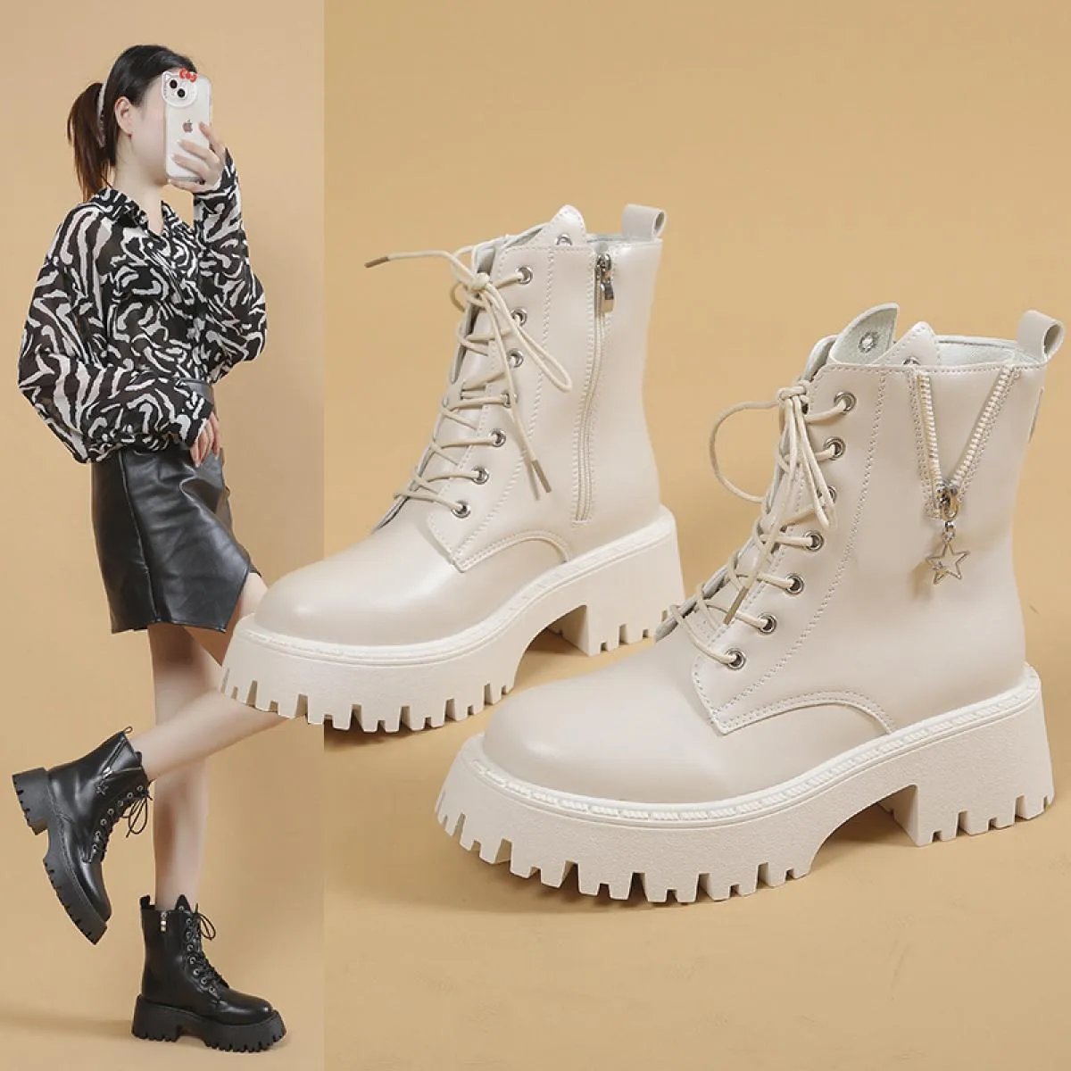 2023 nuovi stivaletti in pelle Pu da donna donna autunno inverno punta tonda scarpe stringate moda donna piattaforma moto Bo