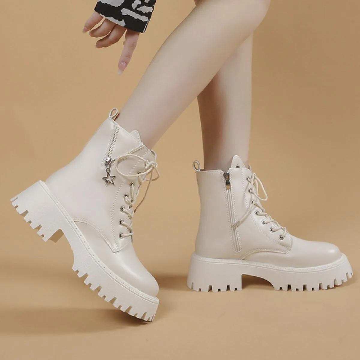 2023 nuovi stivaletti in pelle Pu da donna donna autunno inverno punta tonda scarpe stringate moda donna piattaforma moto Bo