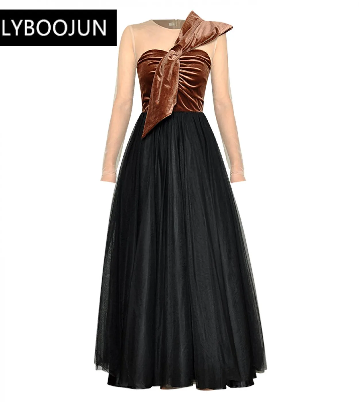 Abiti da donna 2022 Elegante designer di lusso di alta qualità Autunno Maglia O Collo Manica lunga Fiocco Velluto Patchwork Part