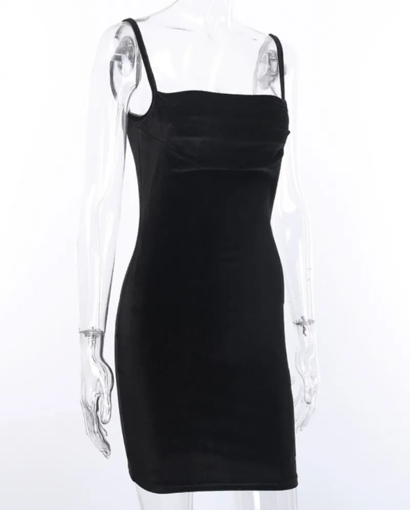 Abito con spalline in velluto nero con spalline increspato sul davanti Mini skinny senza maniche con spalle scoperte Moda donna