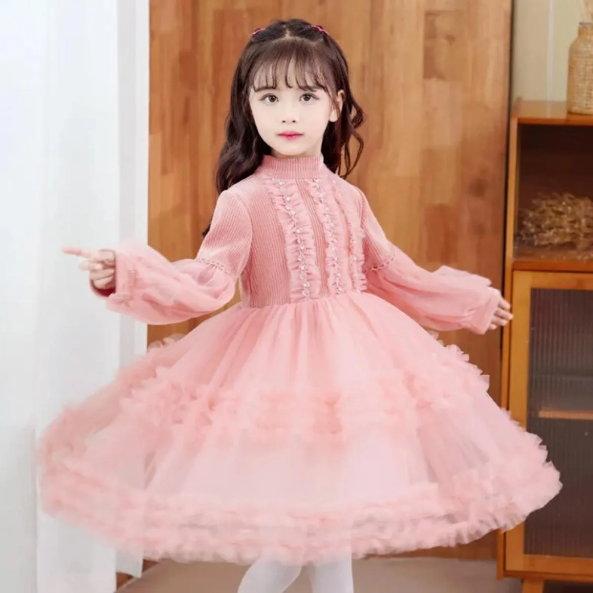 Abito da ragazza a maniche lunghe in maglione autunno e inverno Abito da principessa per bambini Abito con maniche a palloncino