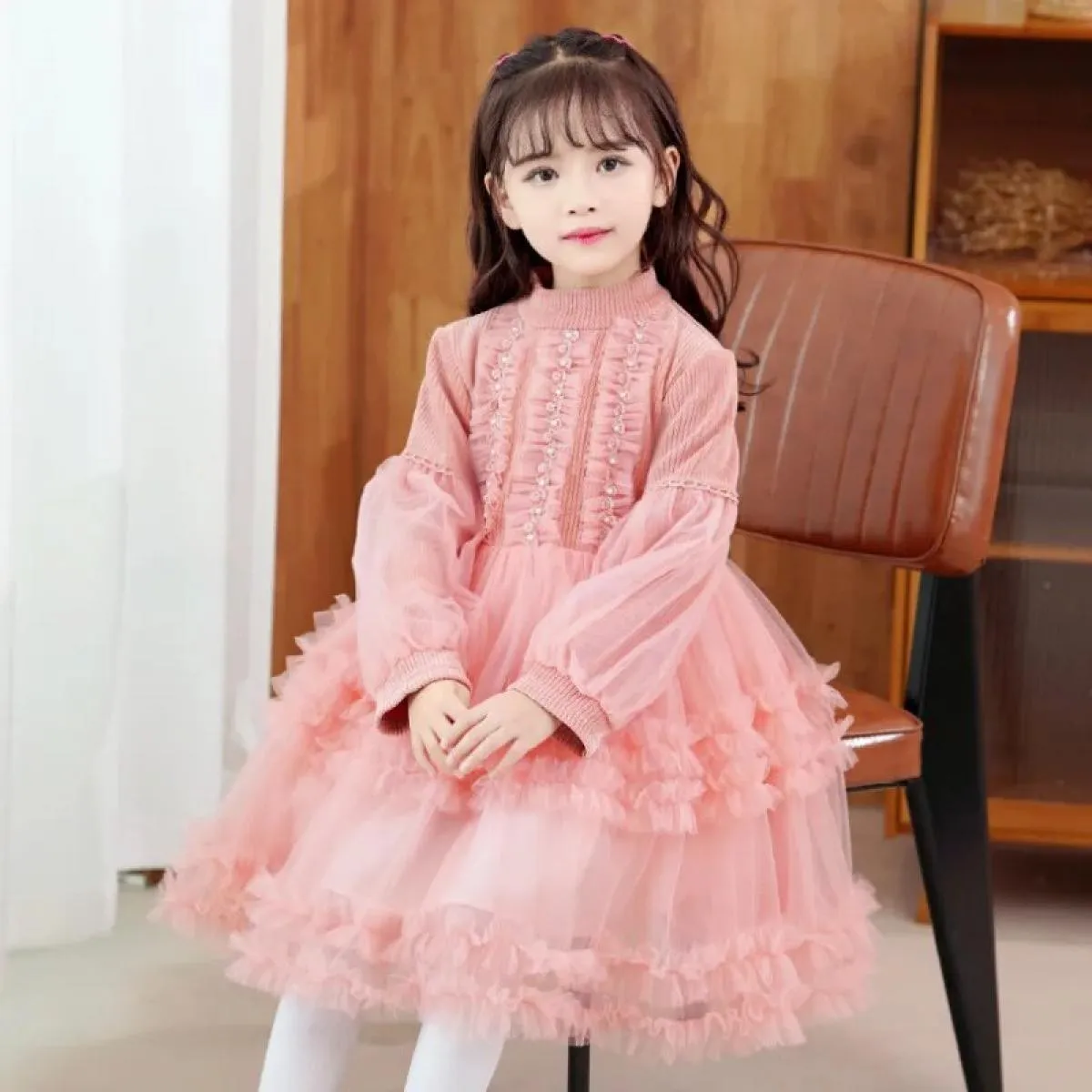 Abito da ragazza a maniche lunghe in maglione autunno e inverno Abito da principessa per bambini Abito con maniche a palloncino