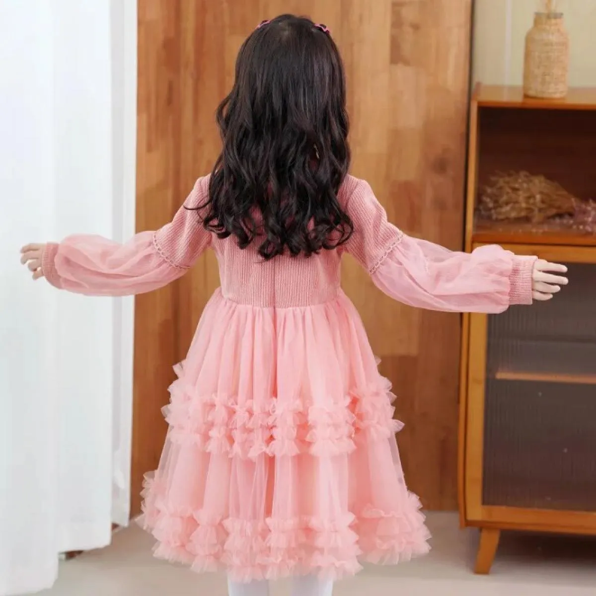 Abito da ragazza a maniche lunghe in maglione autunno e inverno Abito da principessa per bambini Abito con maniche a palloncino