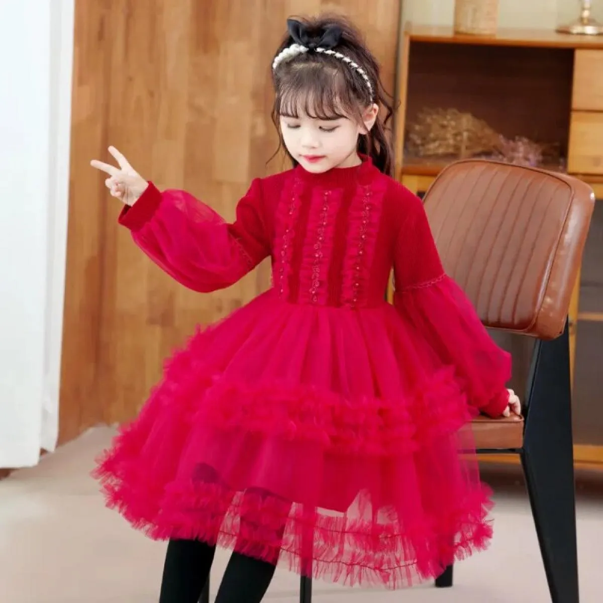 Abito da ragazza a maniche lunghe in maglione autunno e inverno Abito da principessa per bambini Abito con maniche a palloncino