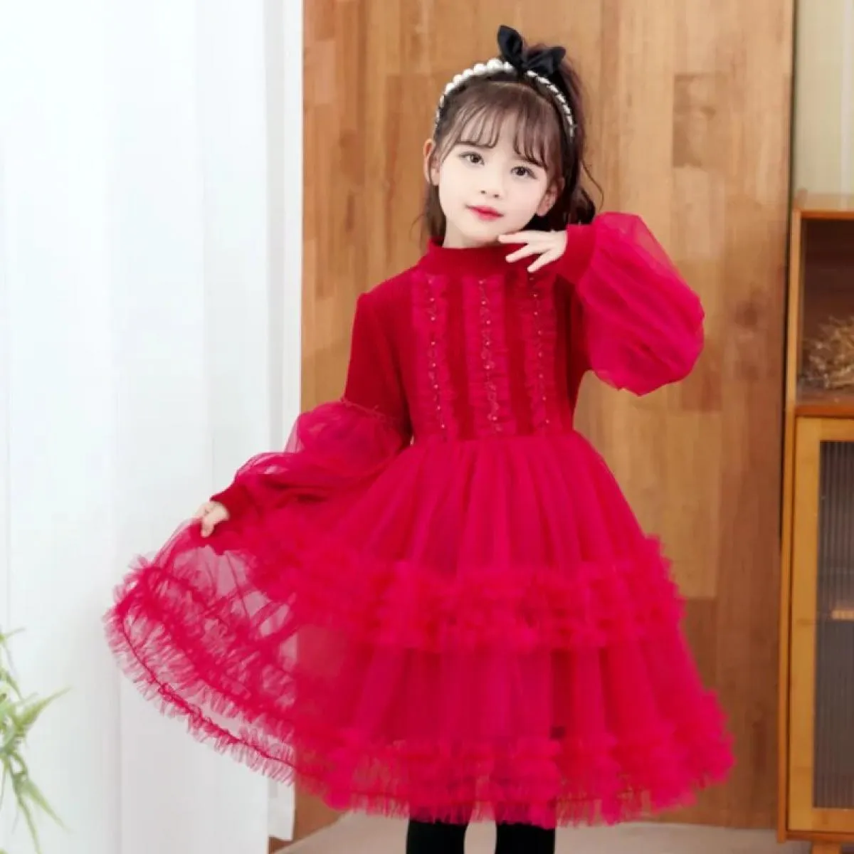 Abito da ragazza a maniche lunghe in maglione autunno e inverno Abito da principessa per bambini Abito con maniche a palloncino