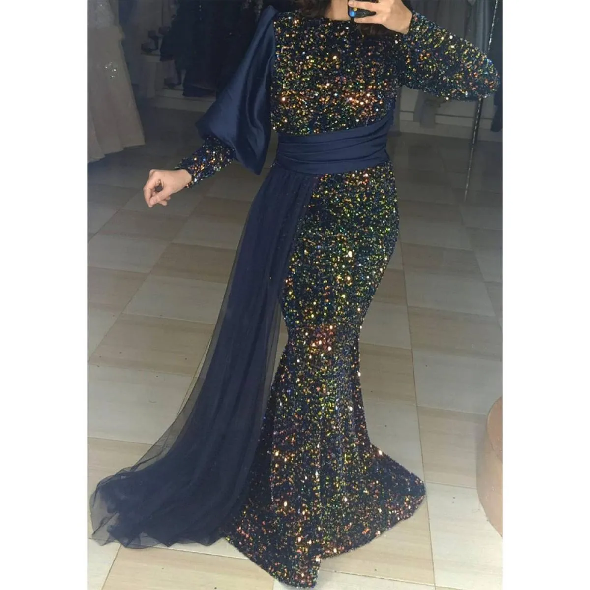 Abito da sera a sirena musulmana per donna O collo maniche lunghe in velluto con paillettes elegante abito da ballo formale Robe