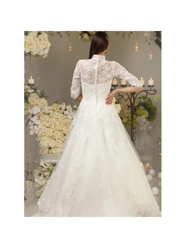 Abito da Sposa accollato con maniche adatto a inverno e autunno in pizzo con gonna vaporosa