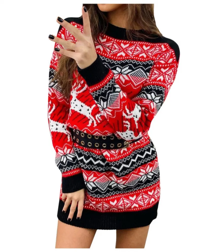 Abito lavorato a maglia jacquard con fiocco di neve natalizio Moda donna Streetwear Inverno Nuovi abiti maglione Slim Festival C