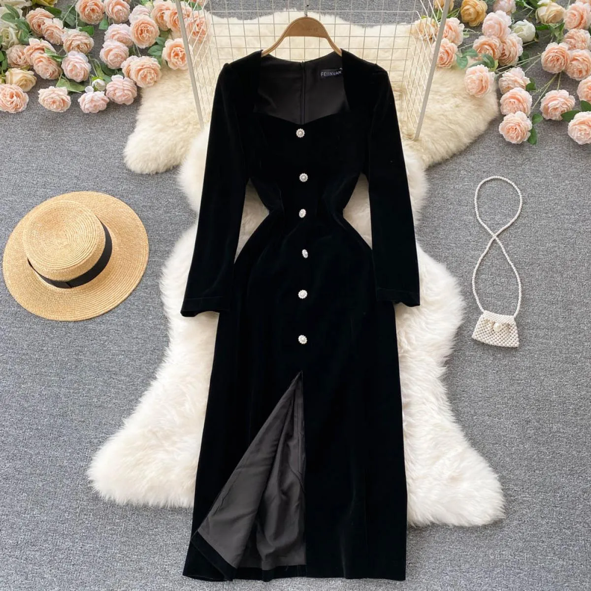 Abito lungo nero autunno inverno per donna Velluto scollo a U manica lunga aderente femminile diviso elegante