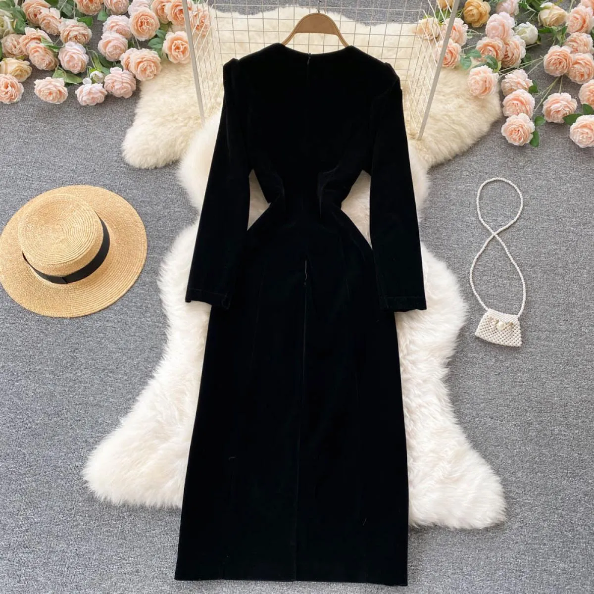 Abito lungo nero autunno inverno per donna Velluto scollo a U manica lunga aderente femminile diviso elegante