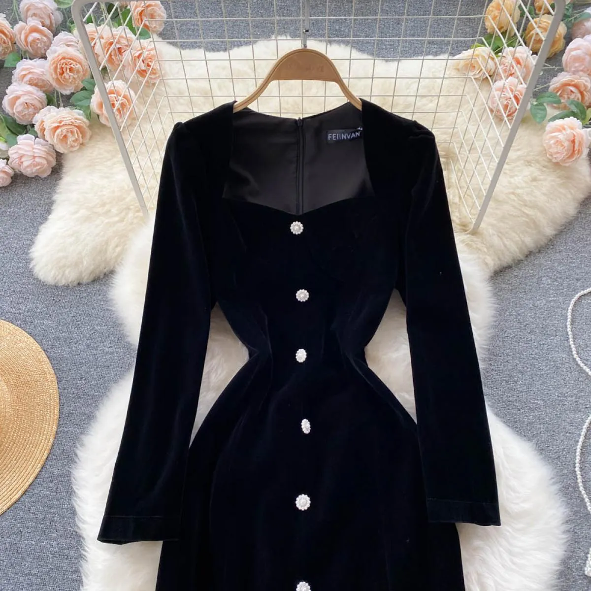 Abito lungo nero autunno inverno per donna Velluto scollo a U manica lunga aderente femminile diviso elegante