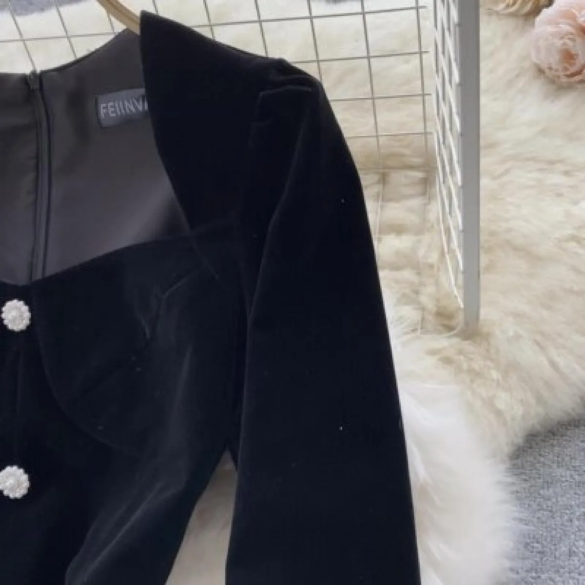 Abito lungo nero autunno inverno per donna Velluto scollo a U manica lunga aderente femminile diviso elegante