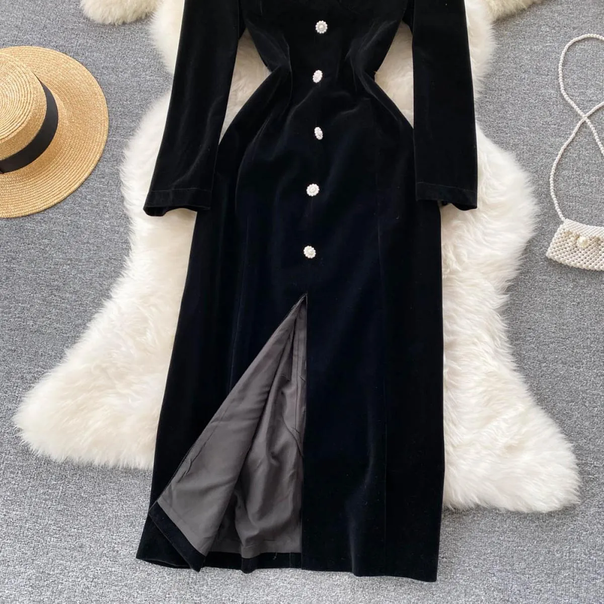 Abito lungo nero autunno inverno per donna Velluto scollo a U manica lunga aderente femminile diviso elegante