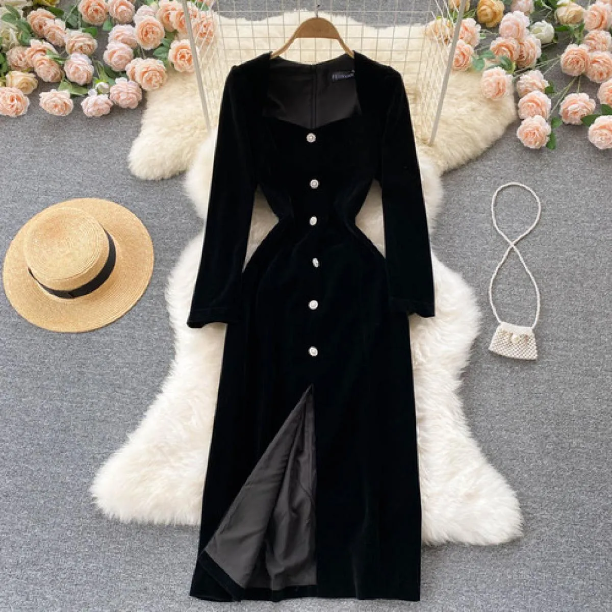 Abito lungo nero autunno inverno per donna Velluto scollo a U manica lunga aderente femminile diviso elegante