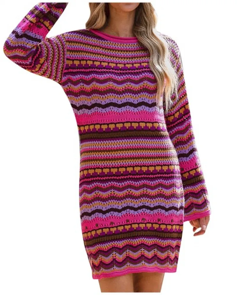 Abito maglione da donna manica lunga a righe arcobaleno sciolto a righe alluncinetto mini abito estivo casual con maniche F