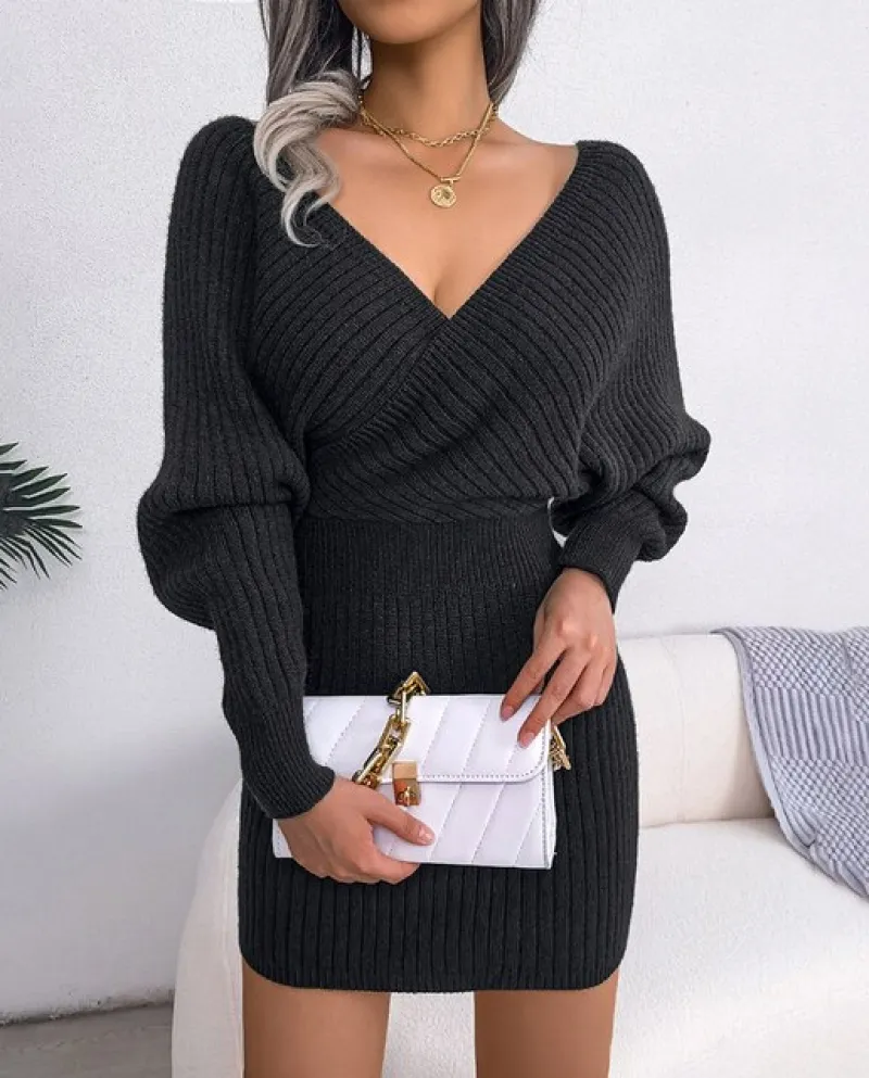 Alta qualità Autunno Inverno Elegante donna con scollo a V manica a pipistrello tuniche abito maglione pacchetto hip caldo abiti