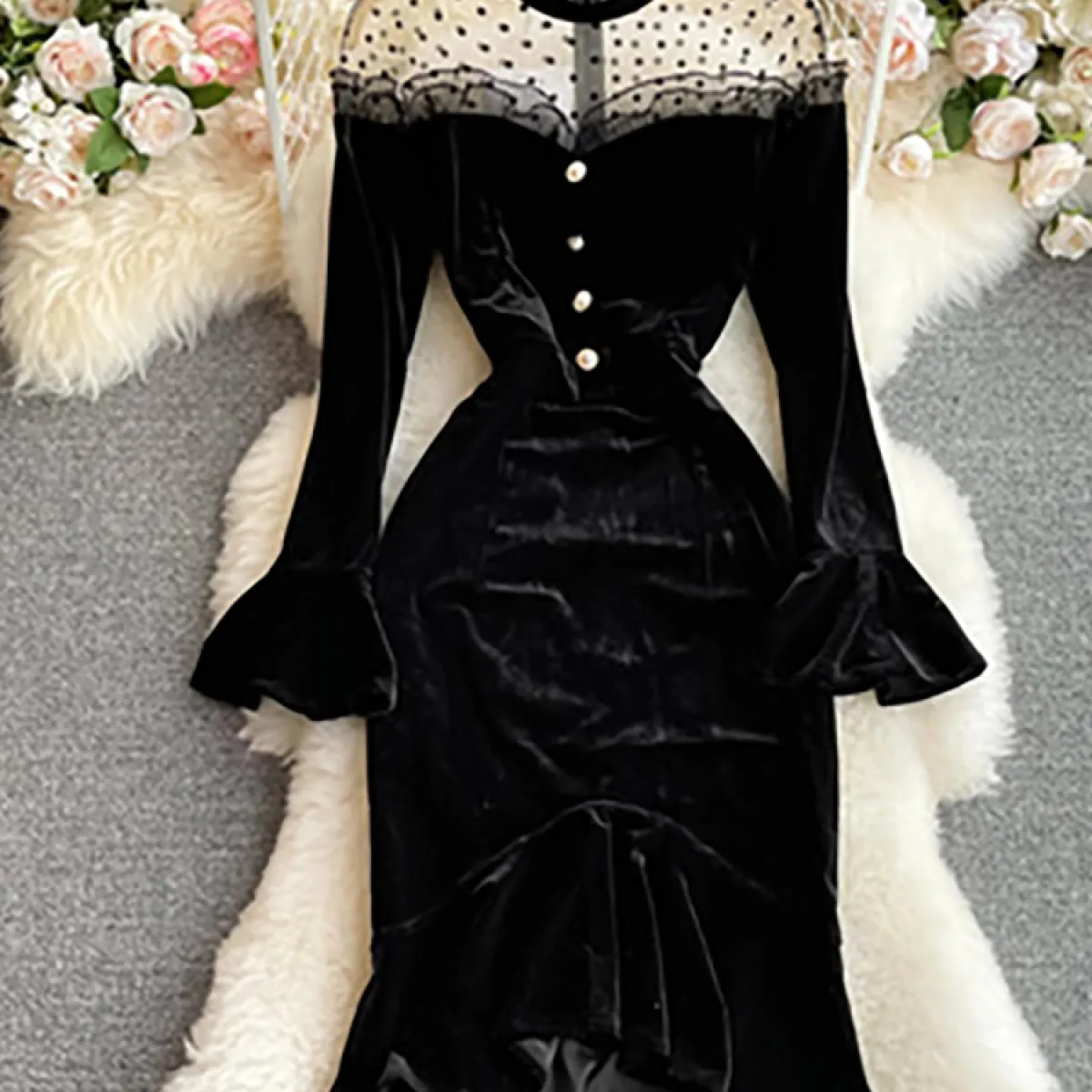 Autunno Donna Maglia nera Patchwork Velluto Abito da festa Elegante Colletto alla coreana Svasato Manica lunga Volant Abito a si