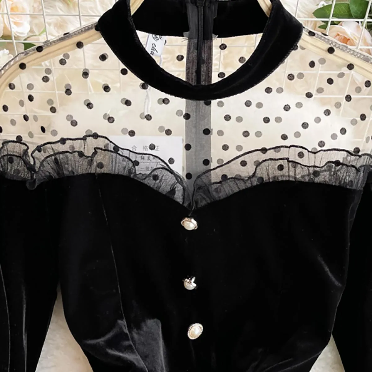 Autunno Donna Maglia nera Patchwork Velluto Abito da festa Elegante Colletto alla coreana Svasato Manica lunga Volant Abito a si