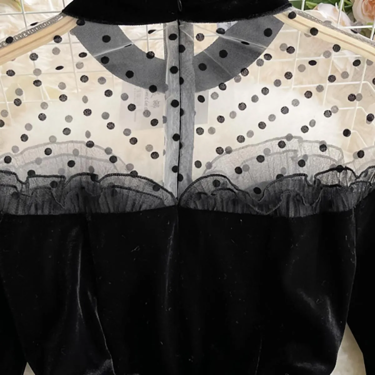 Autunno Donna Maglia nera Patchwork Velluto Abito da festa Elegante Colletto alla coreana Svasato Manica lunga Volant Abito a si