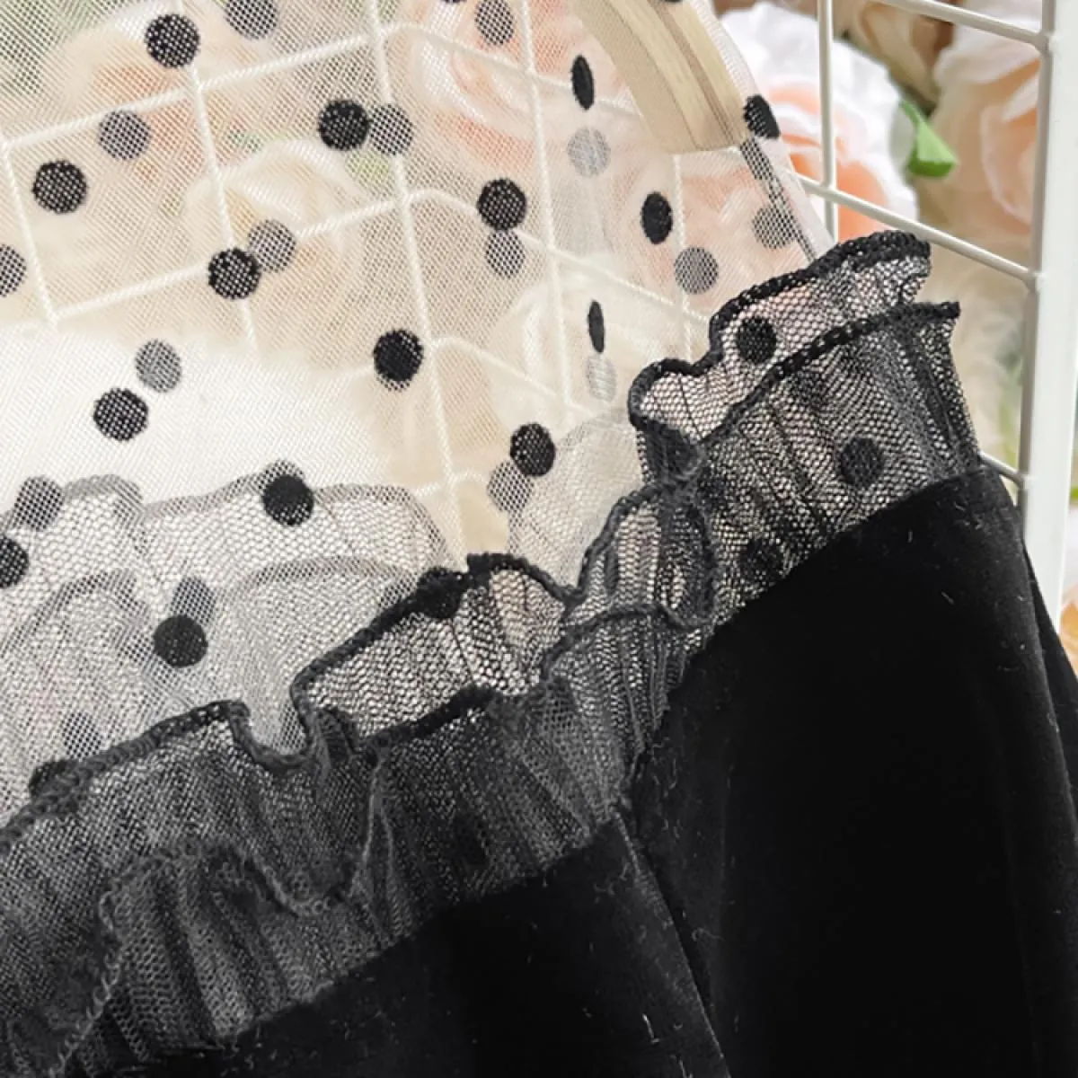 Autunno Donna Maglia nera Patchwork Velluto Abito da festa Elegante Colletto alla coreana Svasato Manica lunga Volant Abito a si