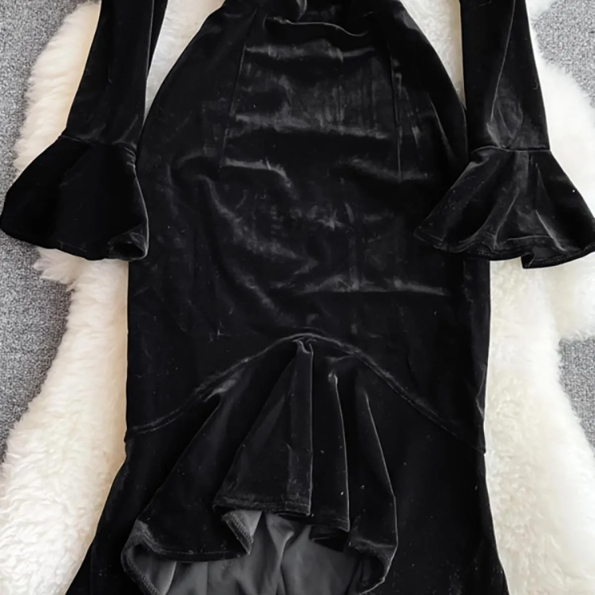 Autunno Donna Maglia nera Patchwork Velluto Abito da festa Elegante Colletto alla coreana Svasato Manica lunga Volant Abito a si