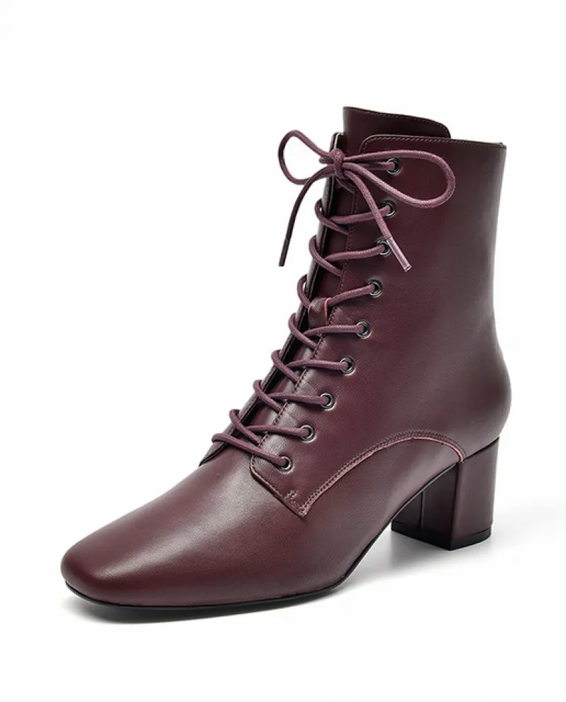 Beautoday Stivaletti Donna Pelle di montone Zip laterale Stringata Punta quadrata Tacco alto Scarpe eleganti da donna Fatte a ma