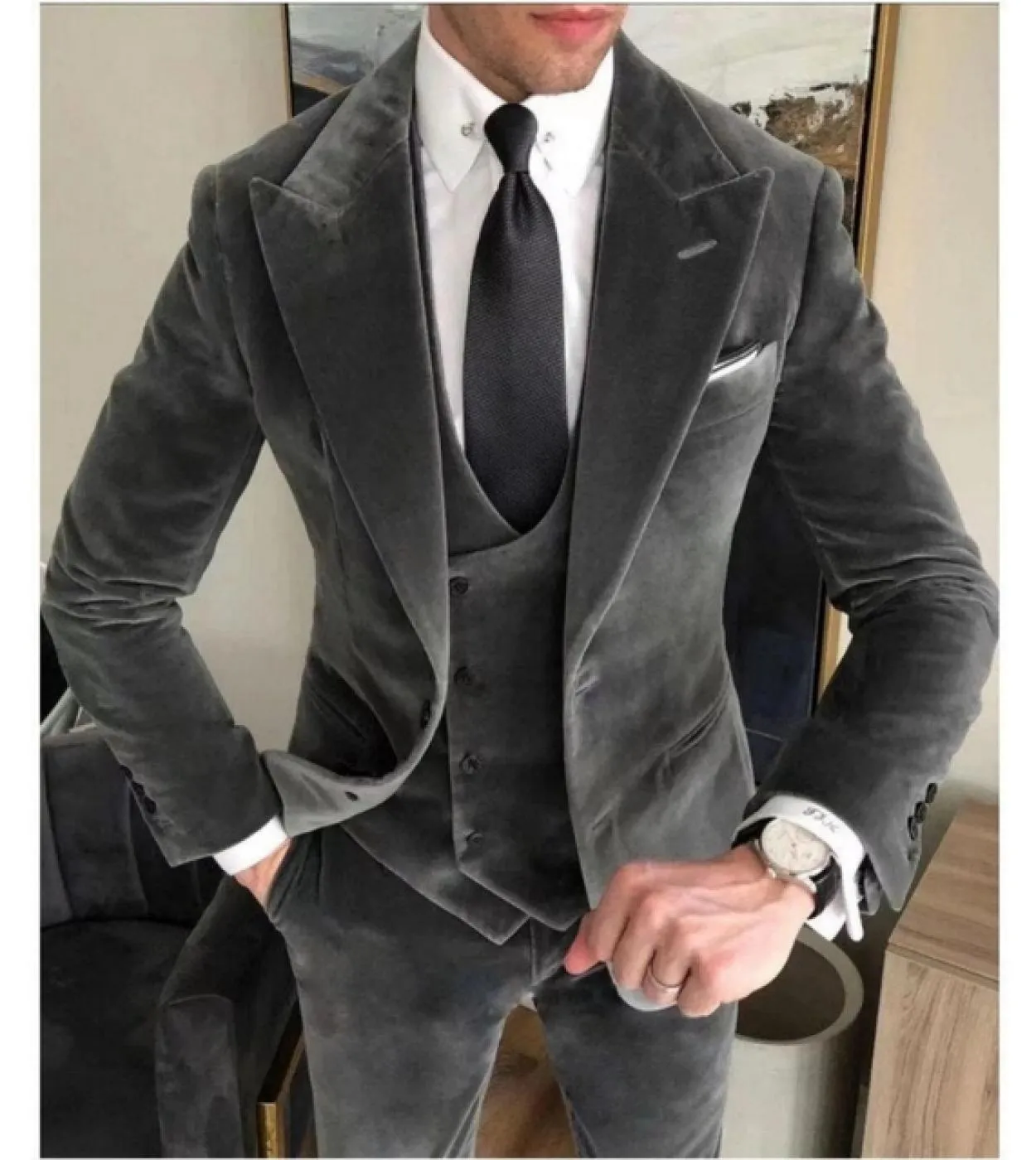 Blazer in velluto grigio business Completi da uomo Abiti da uomo Slim Fit Custome Homme Eleganti abiti formali da 3 pezzi Pantal