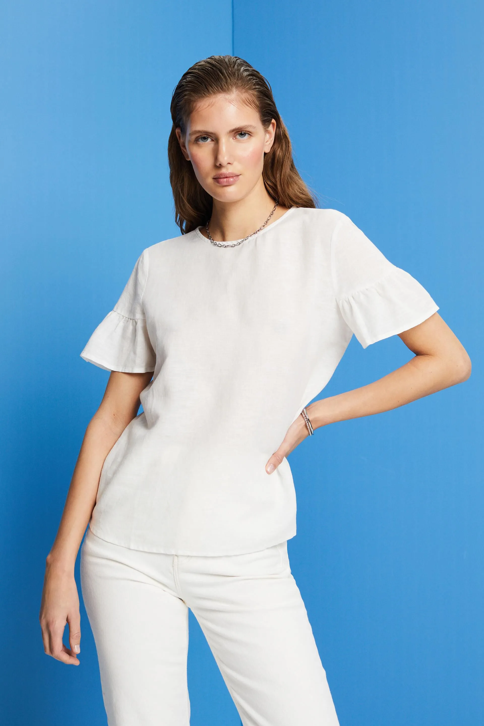 Blusa a manica corta, misto cotone e lino