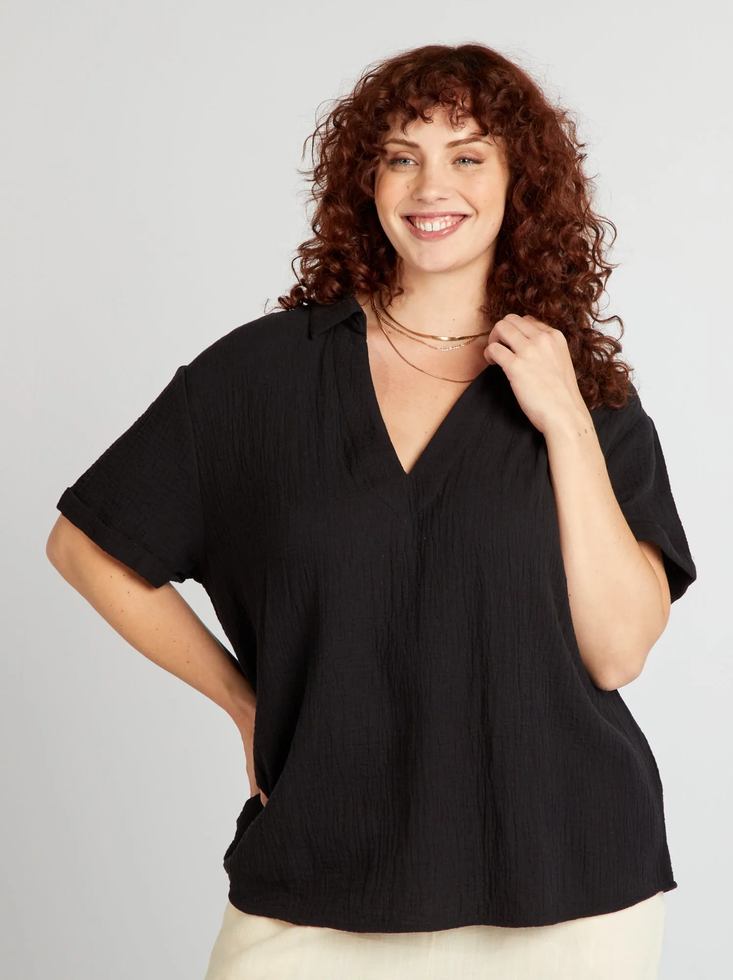 Blusa a tinta unita in garza di cotone - nero