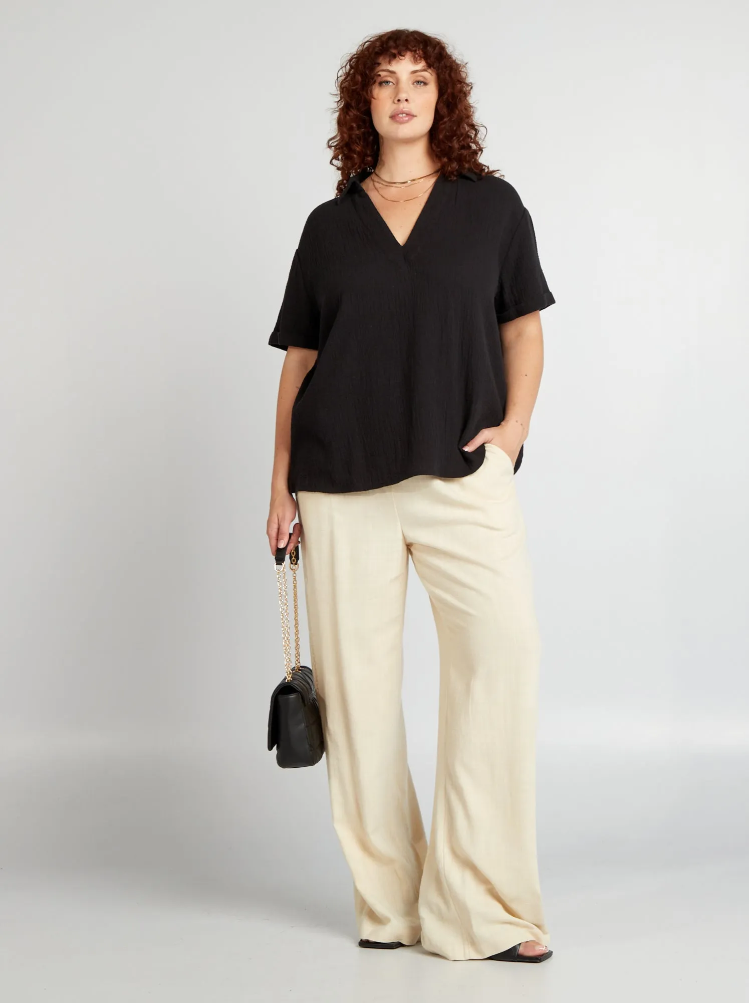 Blusa a tinta unita in garza di cotone - nero
