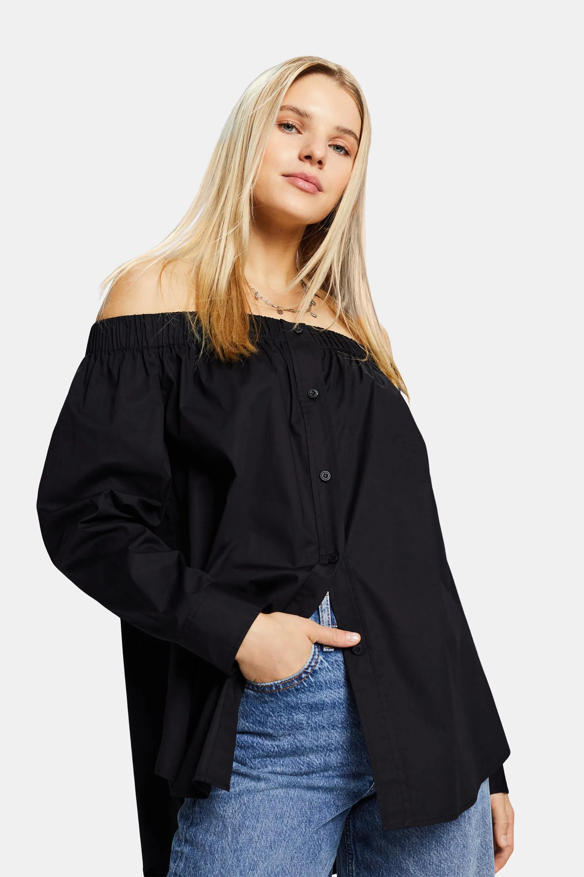Blusa in popeline Carmen con spalle scoperte