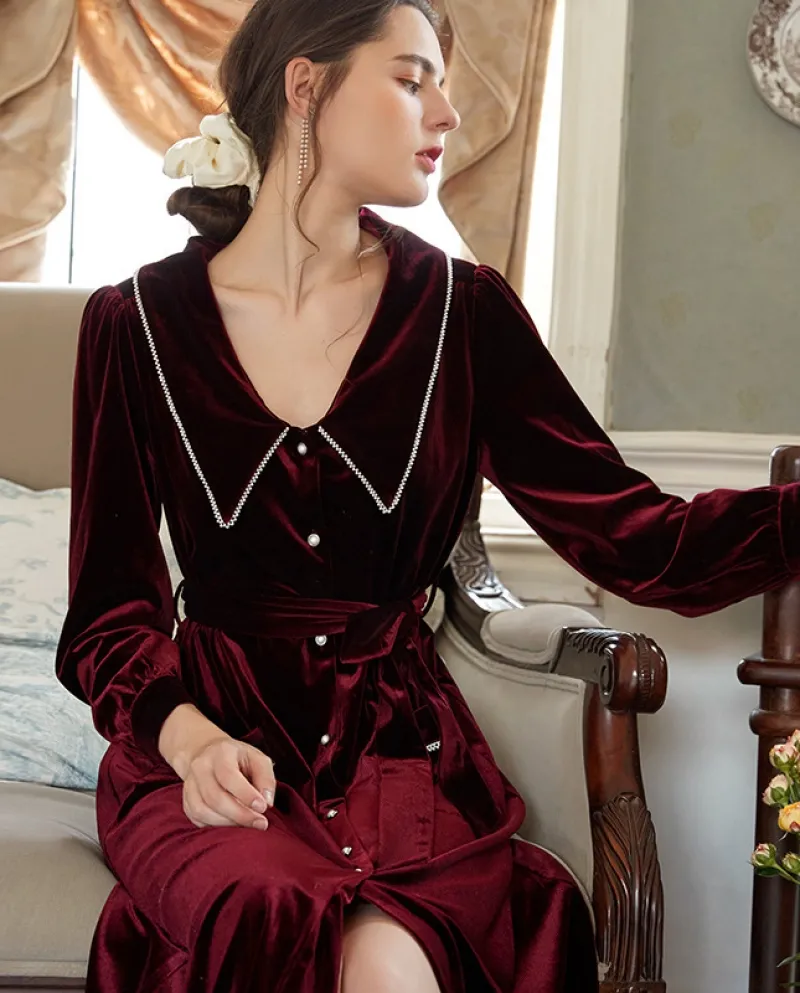 Camicia da notte a maniche lunghe autunno e inverno femminile risvolto francese perla cintura da notte in velluto oro sezione lu