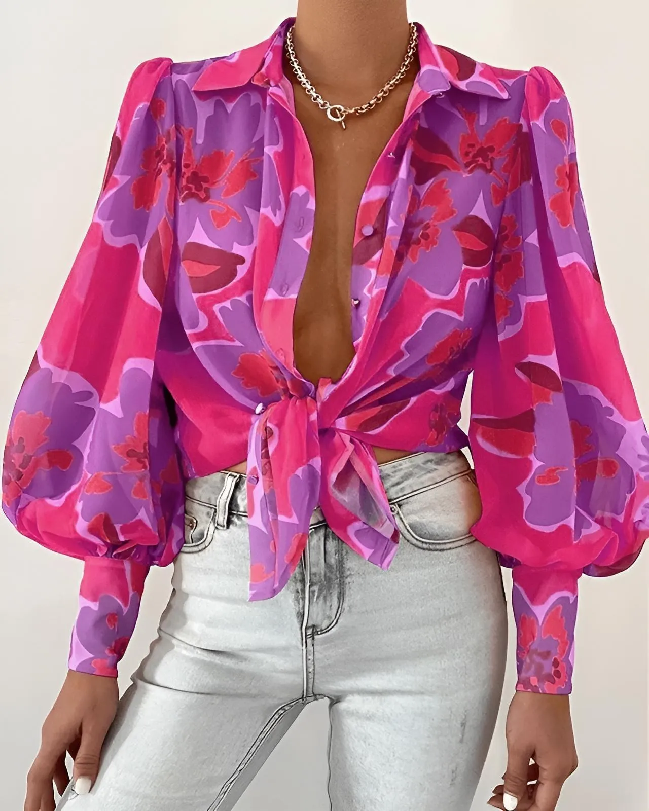 Camicia Donna Manica Sbuffo Fantasia Floreale Bottoni Casual Elegante