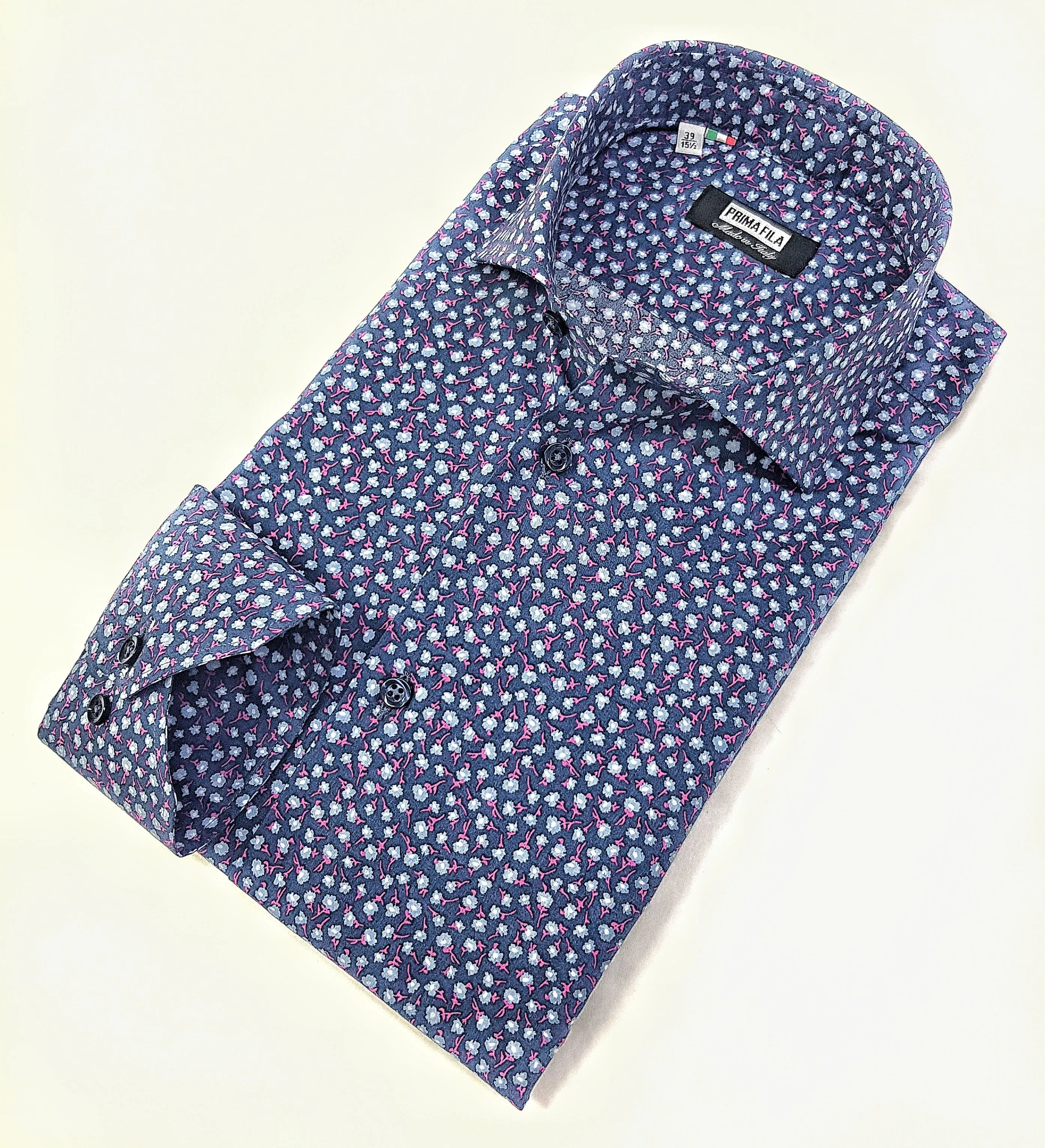 Camicia micro fantasia floreale blu puro cotone made in italy men shirt blue Fantasy