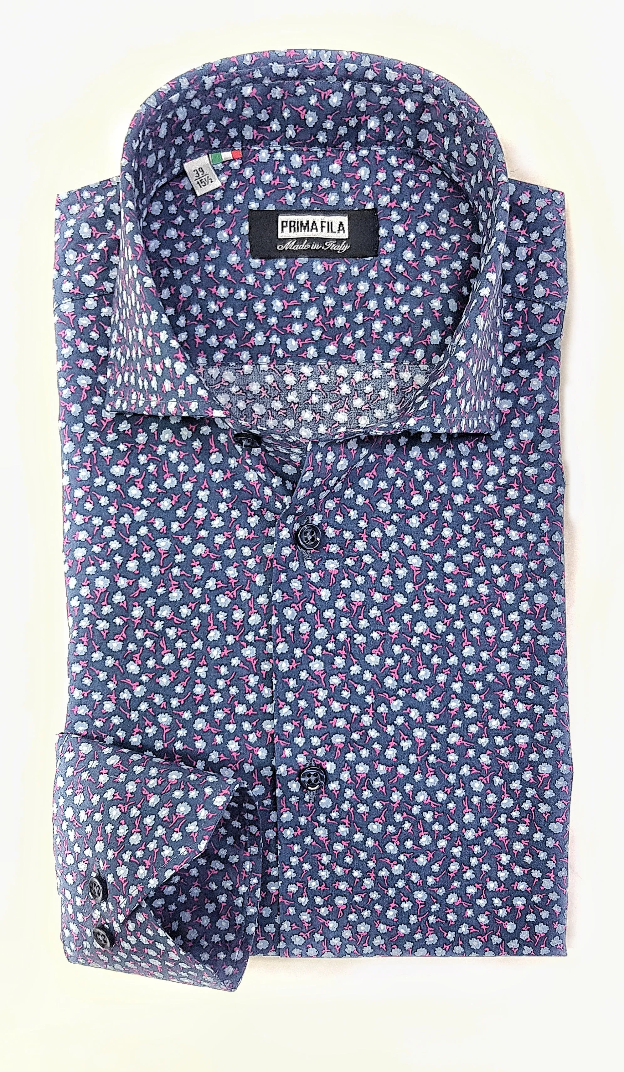 Camicia micro fantasia floreale blu puro cotone made in italy men shirt blue Fantasy