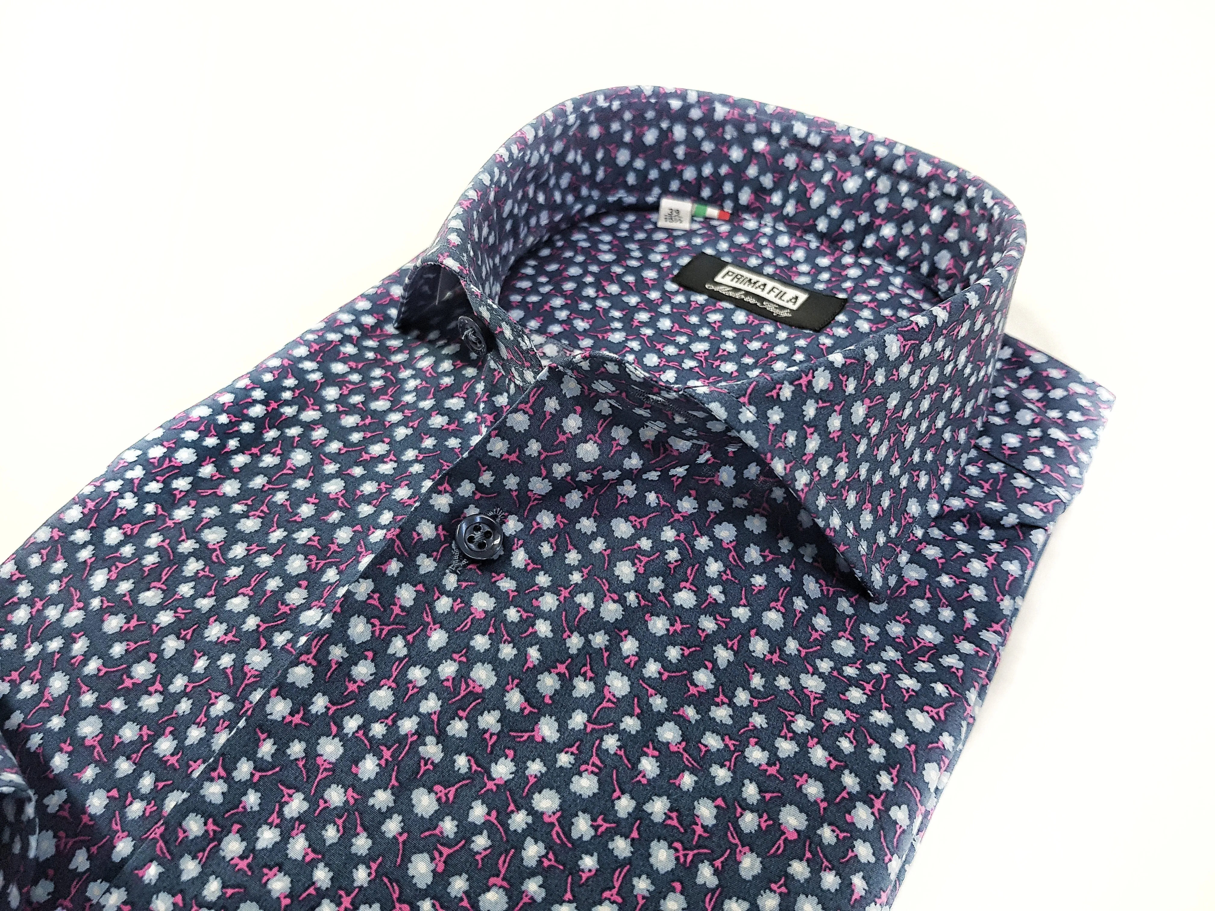Camicia micro fantasia floreale blu puro cotone made in italy men shirt blue Fantasy