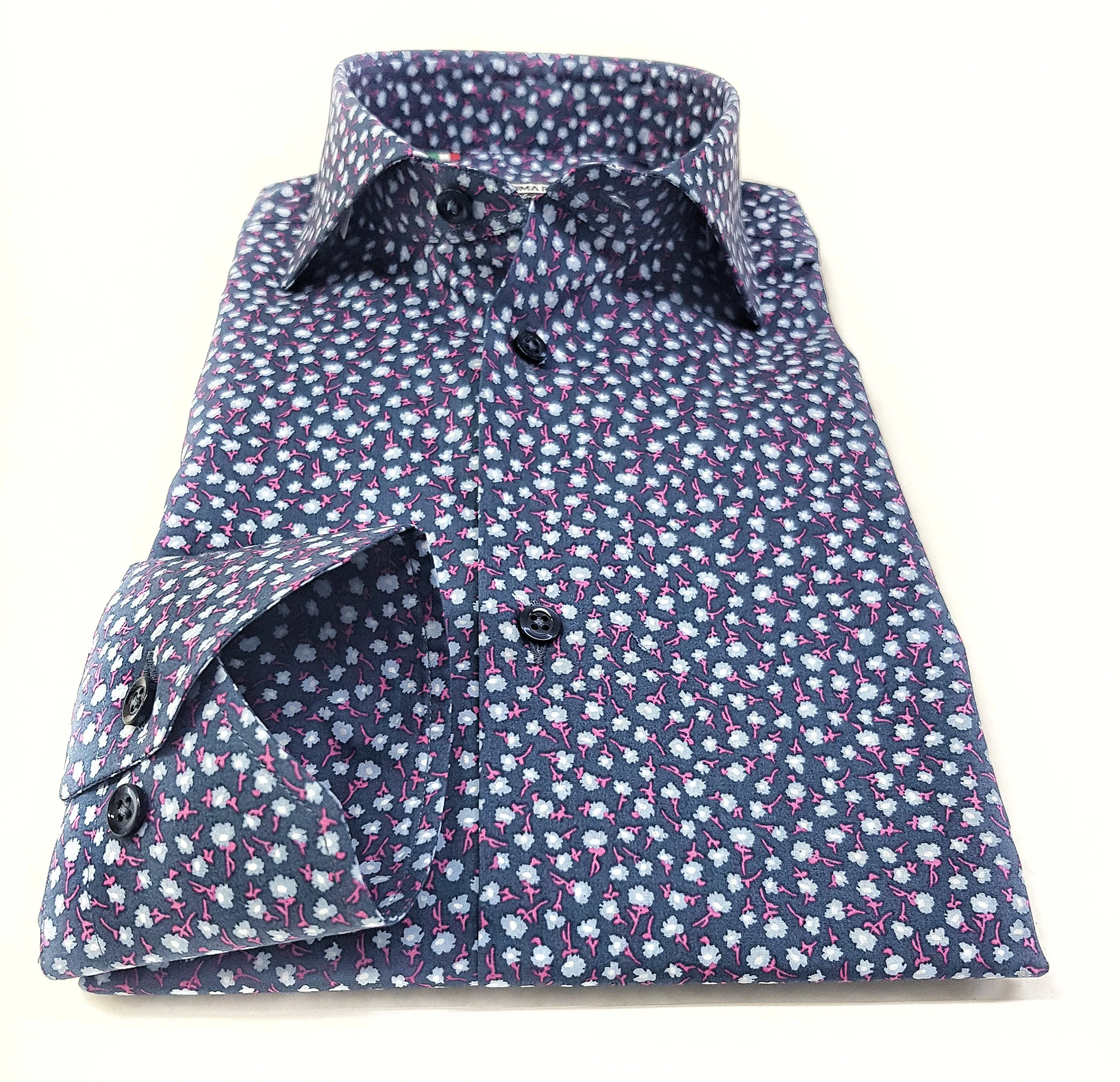 Camicia micro fantasia floreale blu puro cotone made in italy men shirt blue Fantasy
