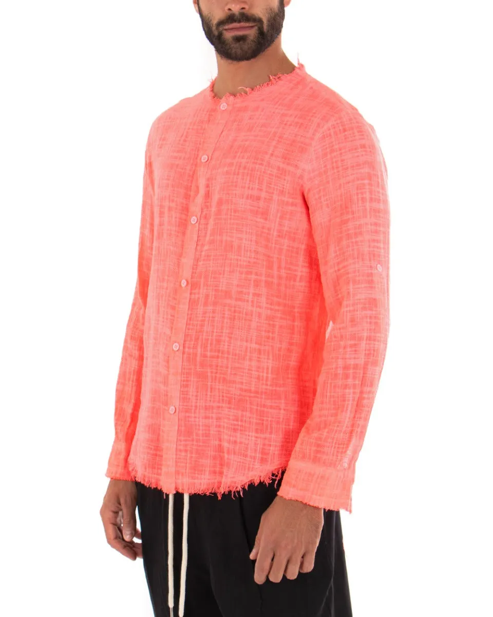 Camicia Uomo Collo Coreano Sfrangiato Manica Lunga Cotone Lino Corallo GIOSAL-C2024A