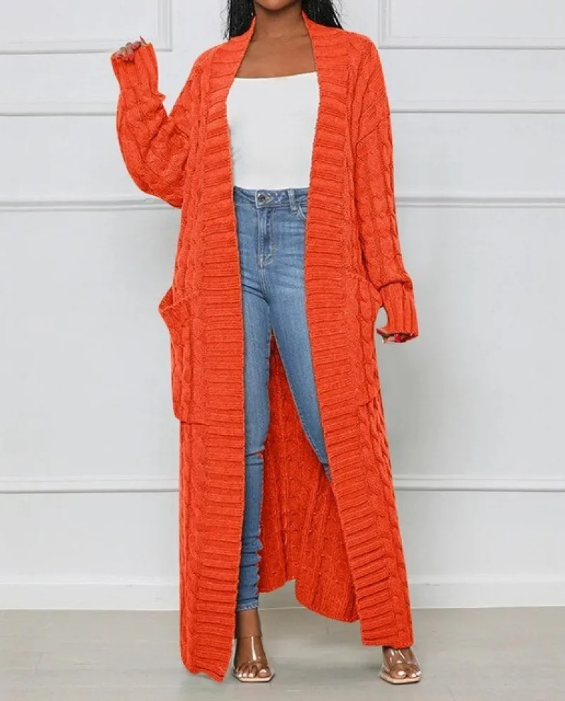 Cappotto lungo da donna casual a maniche lunghe lavorato a maglia aperto sul davanti Moda allentato elegante caldo maglione tasc
