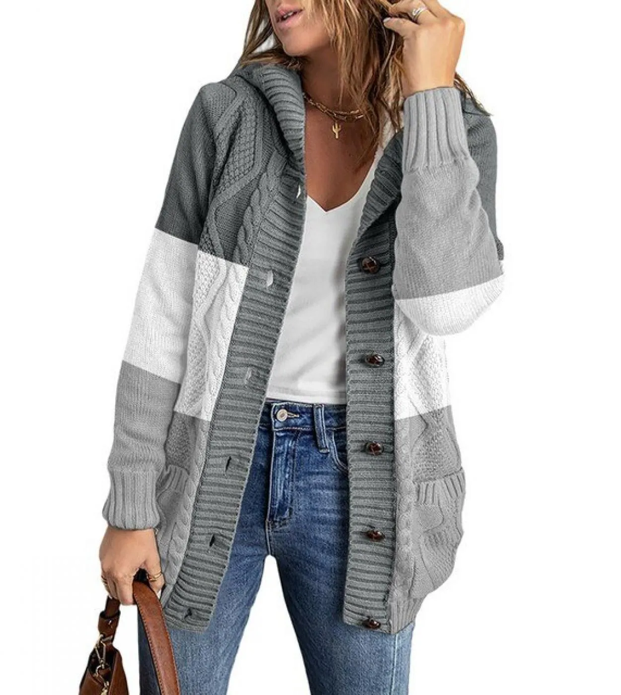 Cardigan lavorato a maglia da donna con bottoni maglione allentato ispessito più giacca con cappuccio in velluto Felpe con cappu
