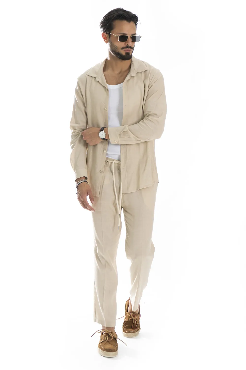 Coordinato Uomo Capri In Lino Camicia e Pantalone Art. Cd57