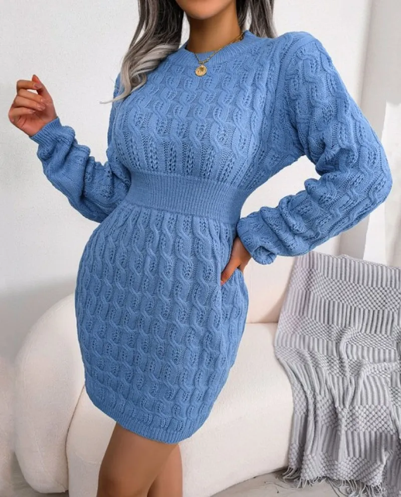 Delle donne di Inverno di Modo Lavorato A Maglia Pullover Maglione Vestito Delle Signore Smockneck Puff Manica Lunga Aderente Pu