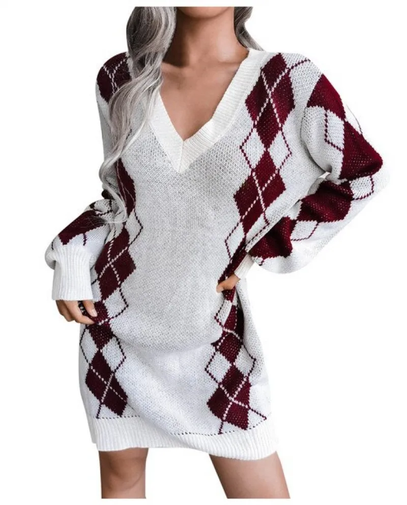 Donne Maglione Vestito 2022 Nuovo Autunno Inverno All Match Chic Scollo A V Abiti Lavorati A Maglia Caldo Manica Lunga Allentato